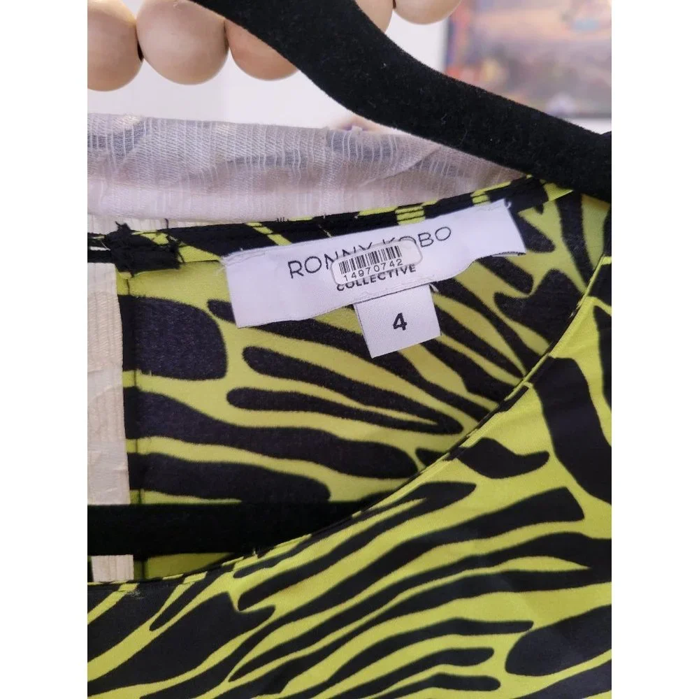 Rent the runway size 4 low cut ronny kobo zebra print green dress ruffle animal